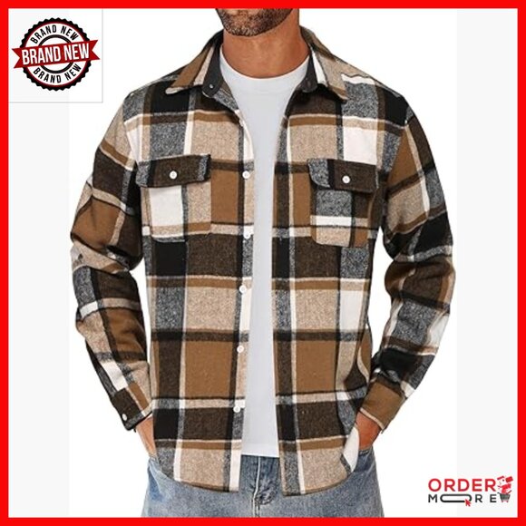Men's Flannel Shirt Jacket Long Sleeve Cotton Plaid Button Down with Pockets